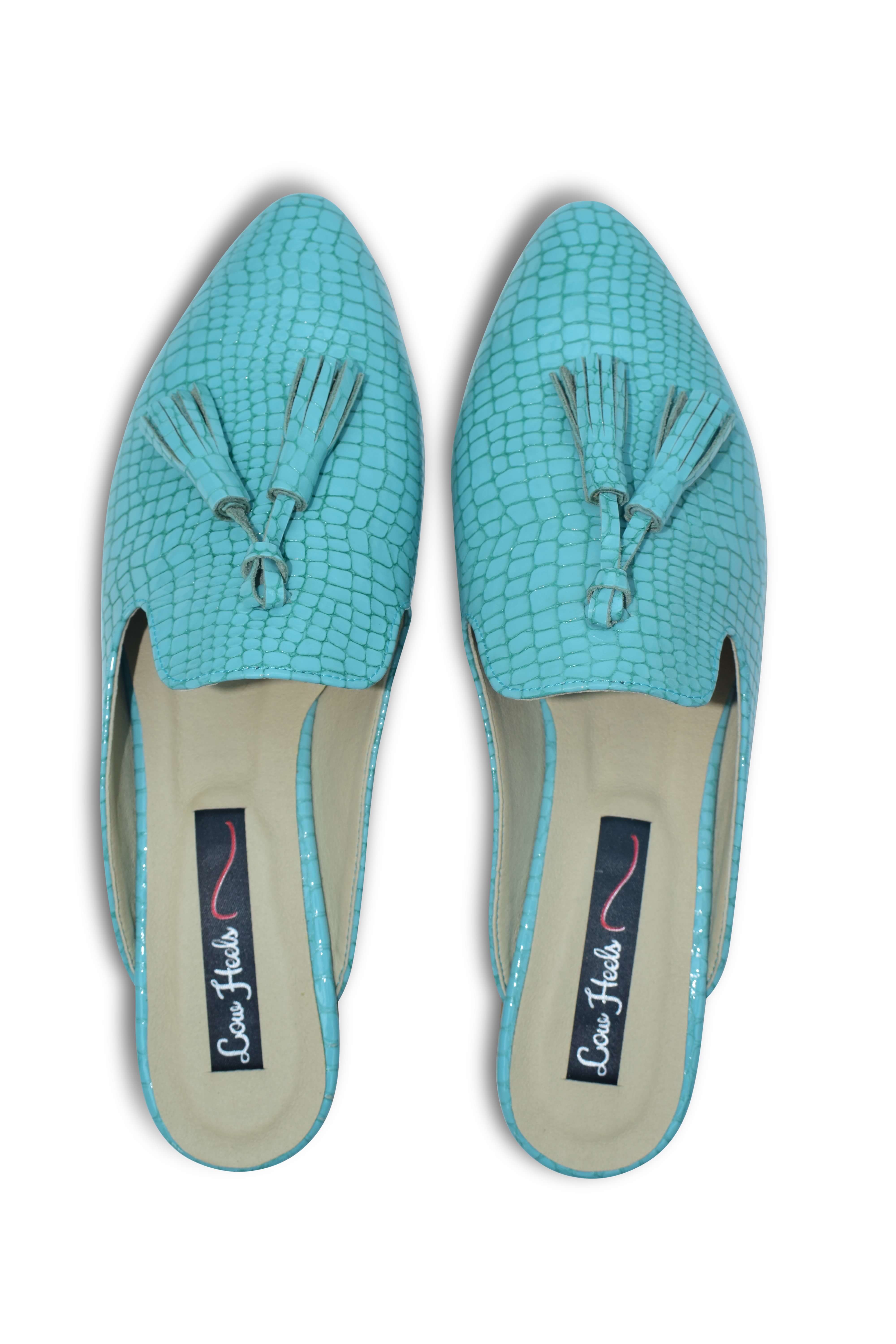 Beya pointed toe flat mule with tassels - aqua green